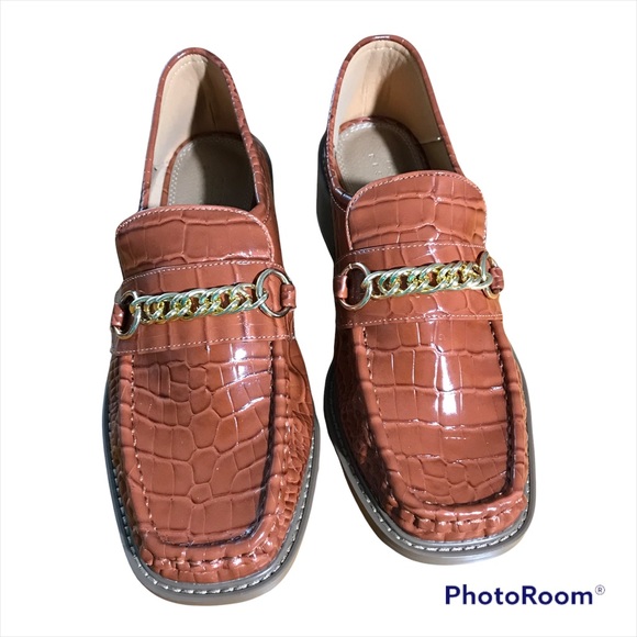 ASOS Design Women’s Shoe Loafer Chestnut Croc Wedge Gold Braid Detail - Picture 1 of 7